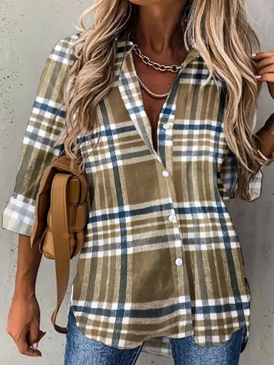 Women's Printed Long-sleeved Single-breasted Lapel Shirt Blouses