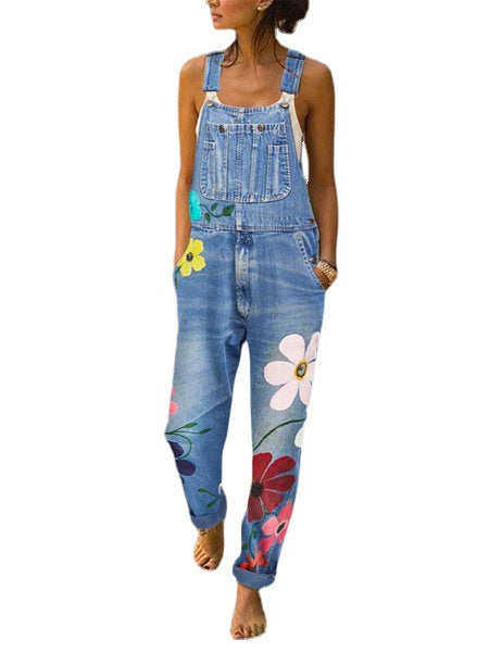 Creative Printed Suspender Large Floral Dungarees Pants