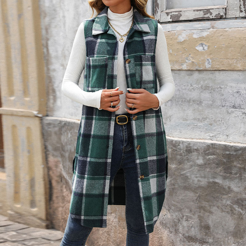 Women's Pretty Autumn Lapel Long Plaid Vests