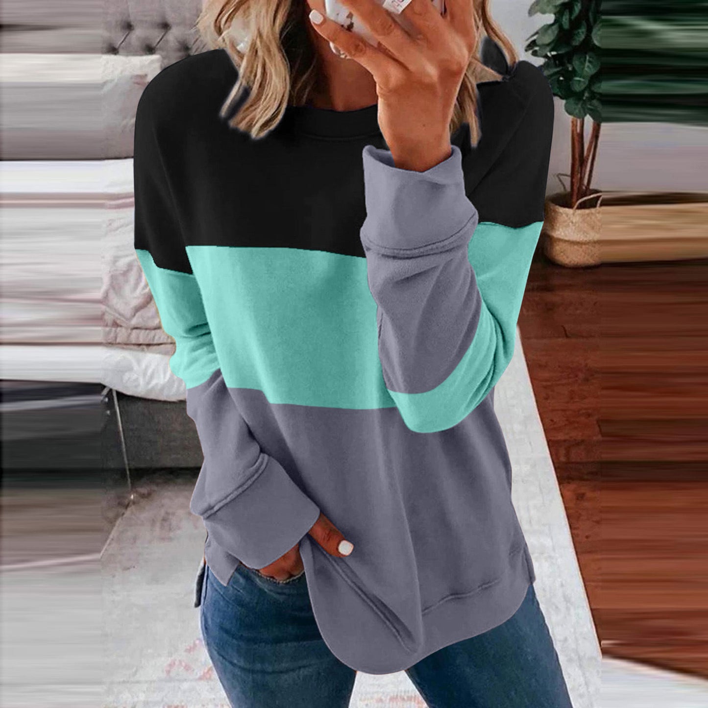 Women's Color Matching Contrast Casual Loose Pullover Blouses