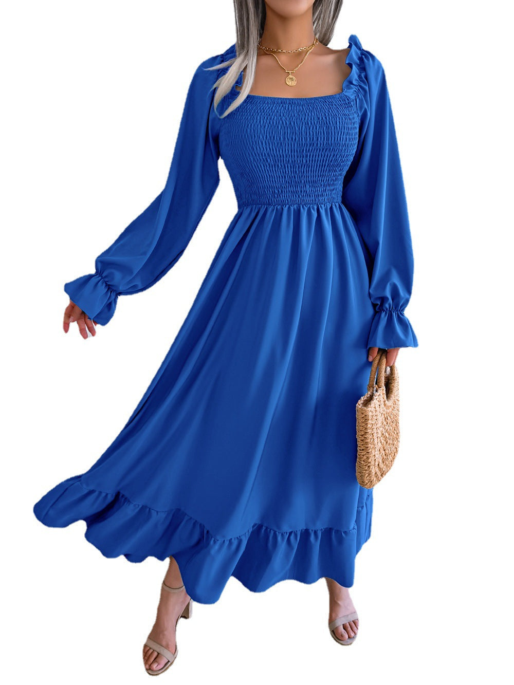 Women's Square Collar Flare Large Swing Ruffled Dresses