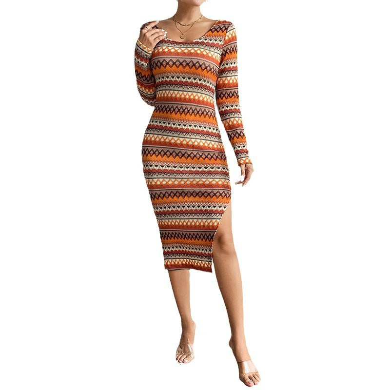 Women's Fashion Wave Color Striped Long Sleeve Dresses