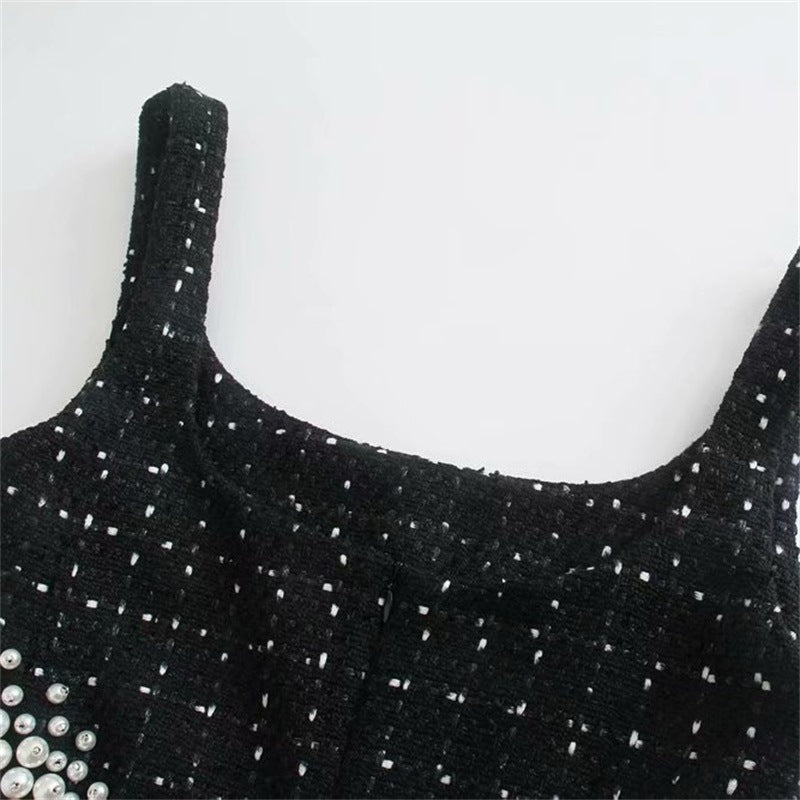 Women's Pearl Decorative Woolen Midriff Outfit Sling Dresses