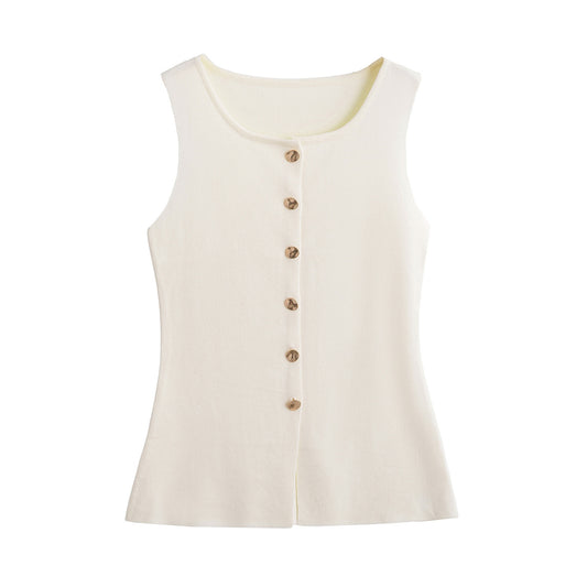 Women's Fashion Golden Decorated Row Button Plain Vests