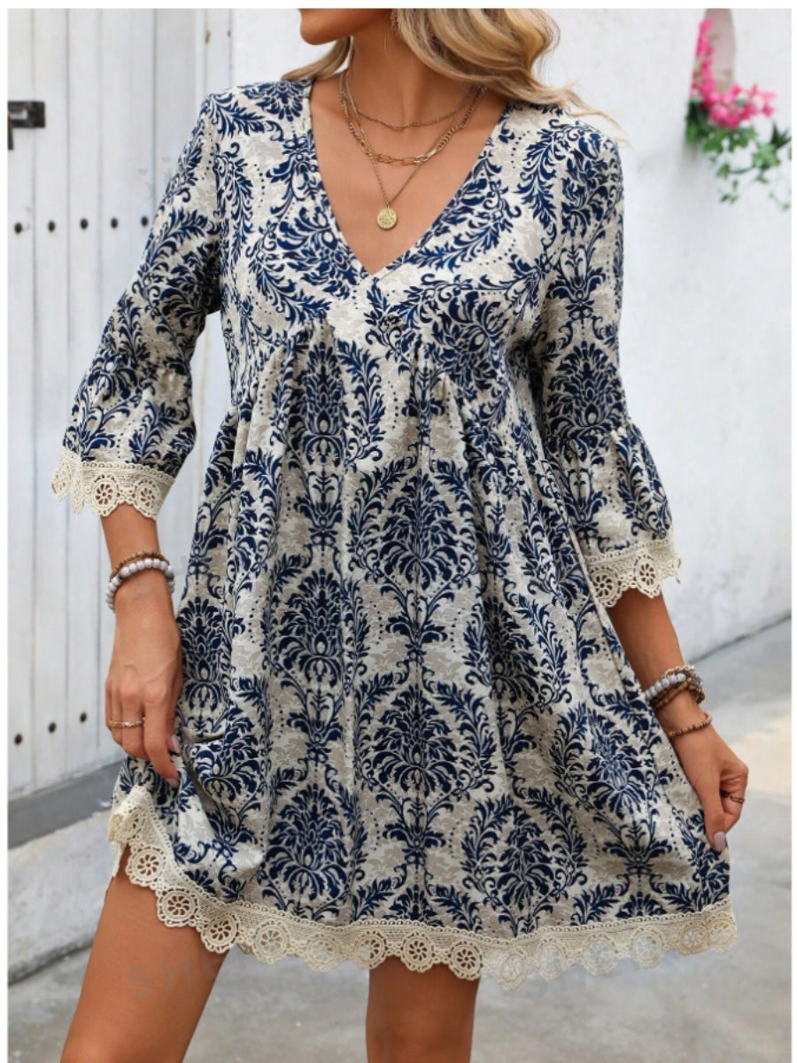 Popular Fashion Printed Lace Sleeve Dress Dresses