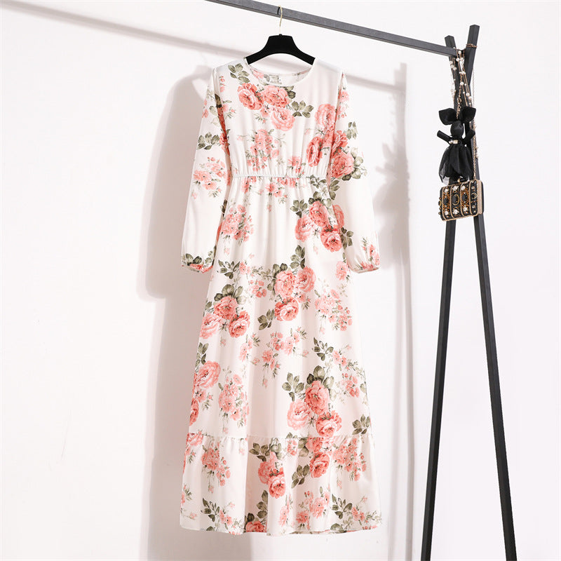 Women's High Waist Long Retro Chiffon Printed Floral Round Neck Dresses