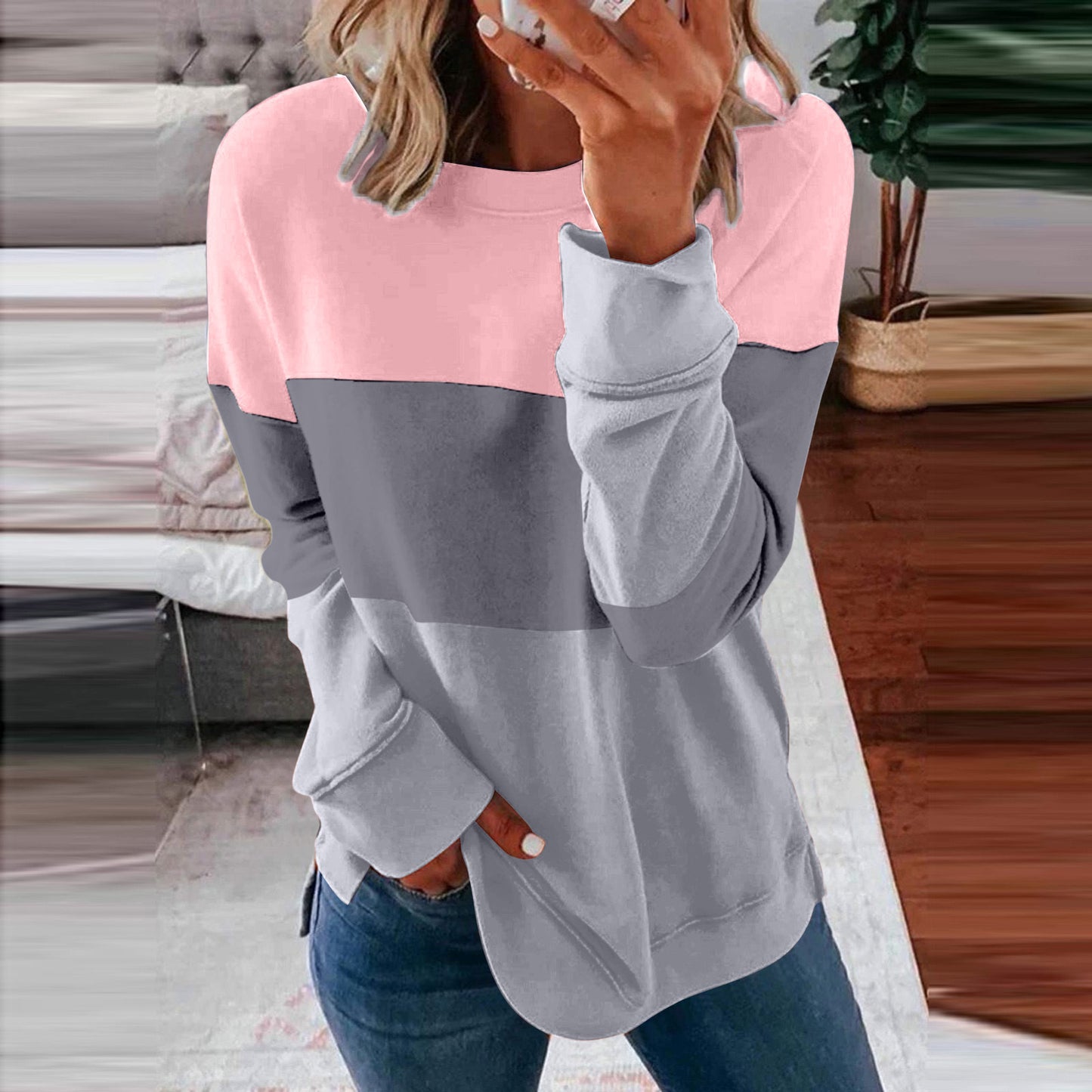 Women's Color Matching Contrast Casual Loose Pullover Blouses