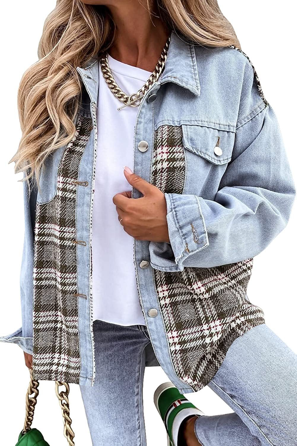 Denim Long Sleeve Plaid Button-down Shirt Tops