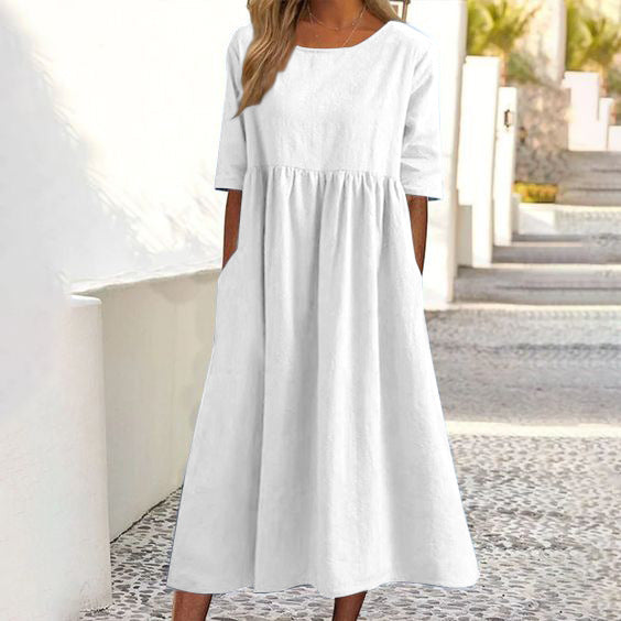 Sleeve Large Casual Loose Long Solid Color Cotton Dresses