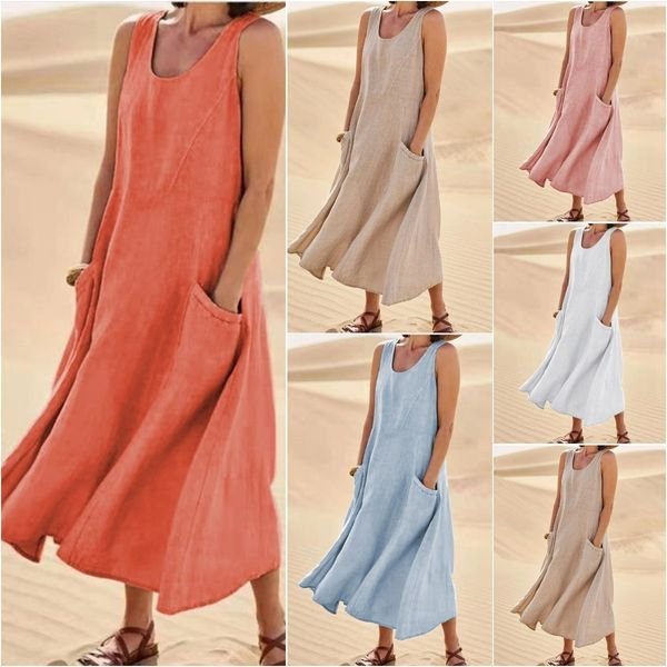 Women's Summer Pocket Sleeveless Round Neck Cotton Dresses