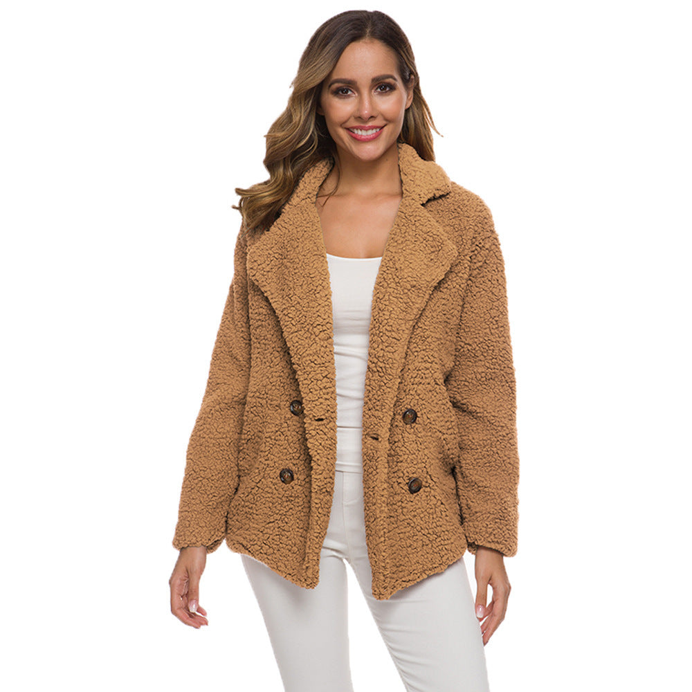 Women's Double Breasted Loose Lamb Wool Fluffy Sweaters