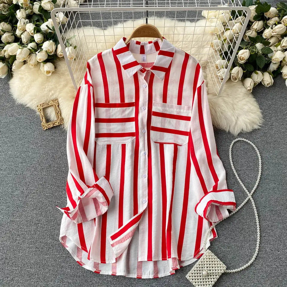 Mid-length Vertical Stripes Shirt Female Korean Blouses