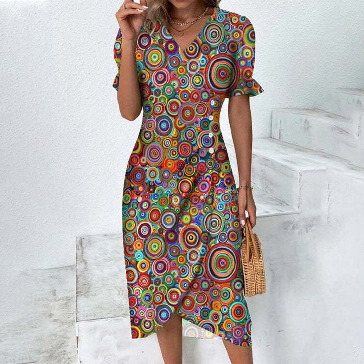 Summer Geometric Patchwork Puff Sleeve Irregular Dresses