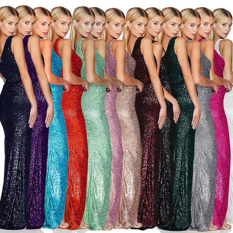 Women's One-shoulder Pleated Sweet Spicy Style Sequined Dresses