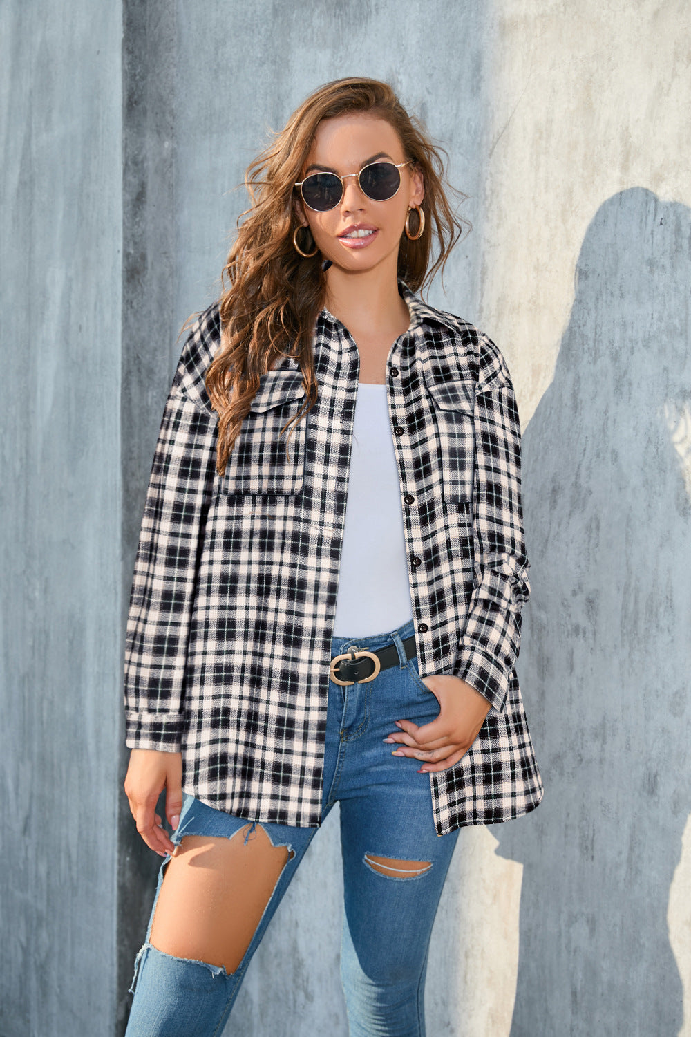 Women's Long-sleeved Plaid Button Shirt With Full Blouses