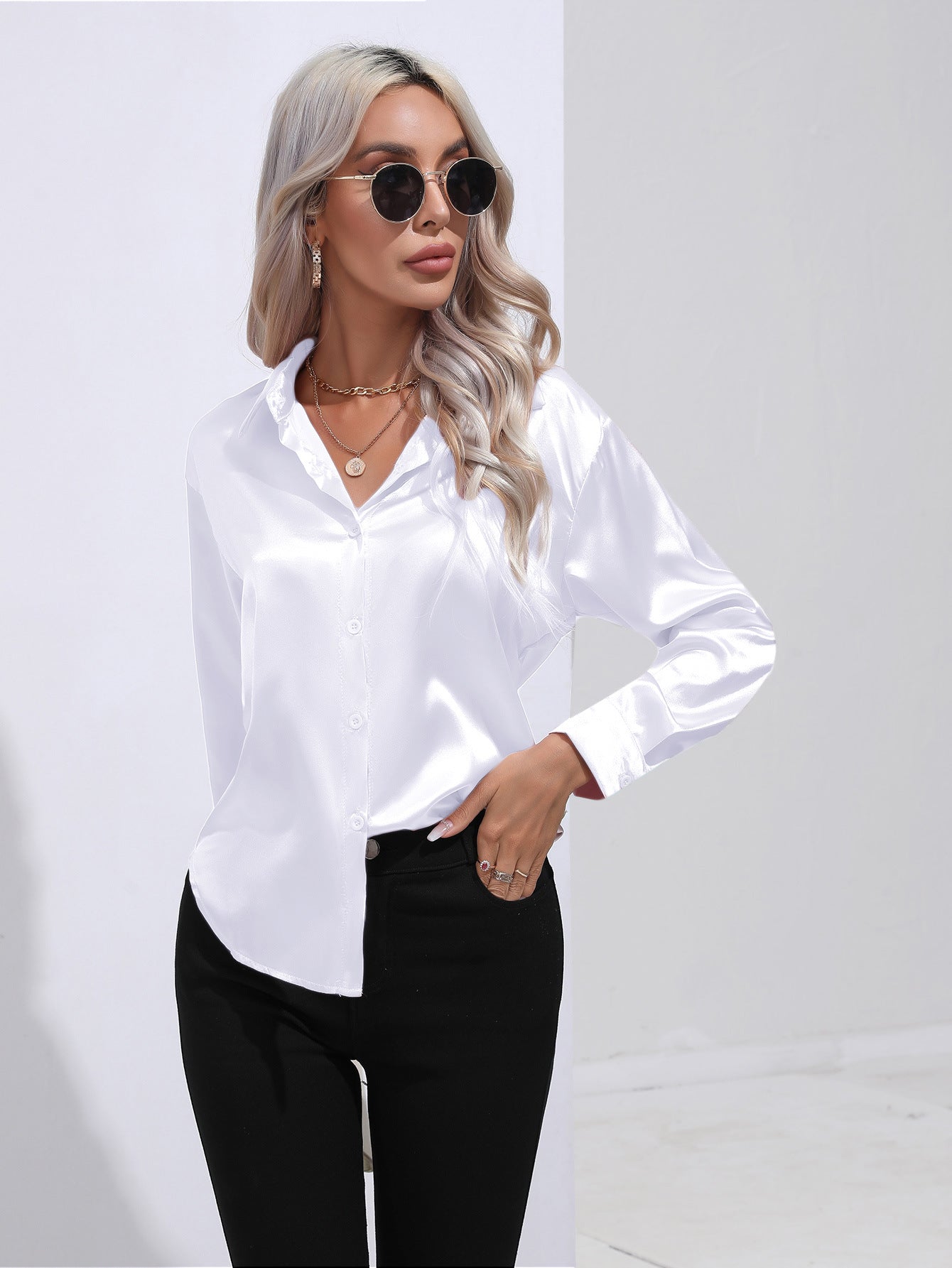 Women's Attractive Pretty Satin Shirt Long-sleeved Blouses