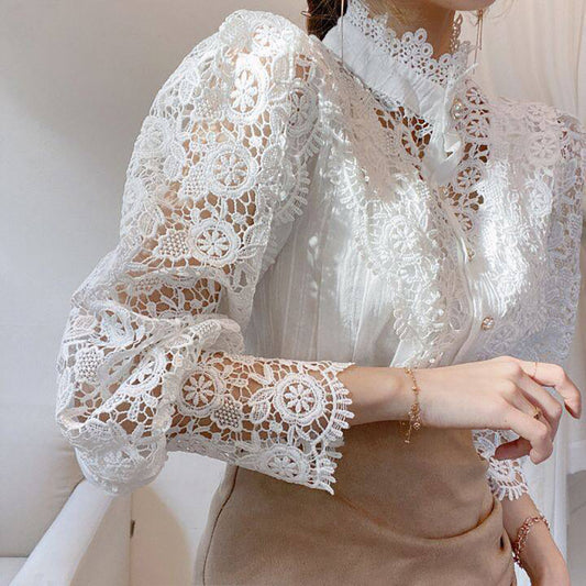 Women's Collar Cotton Solid Color Lace Hollow-out Long-sleeved Blouses