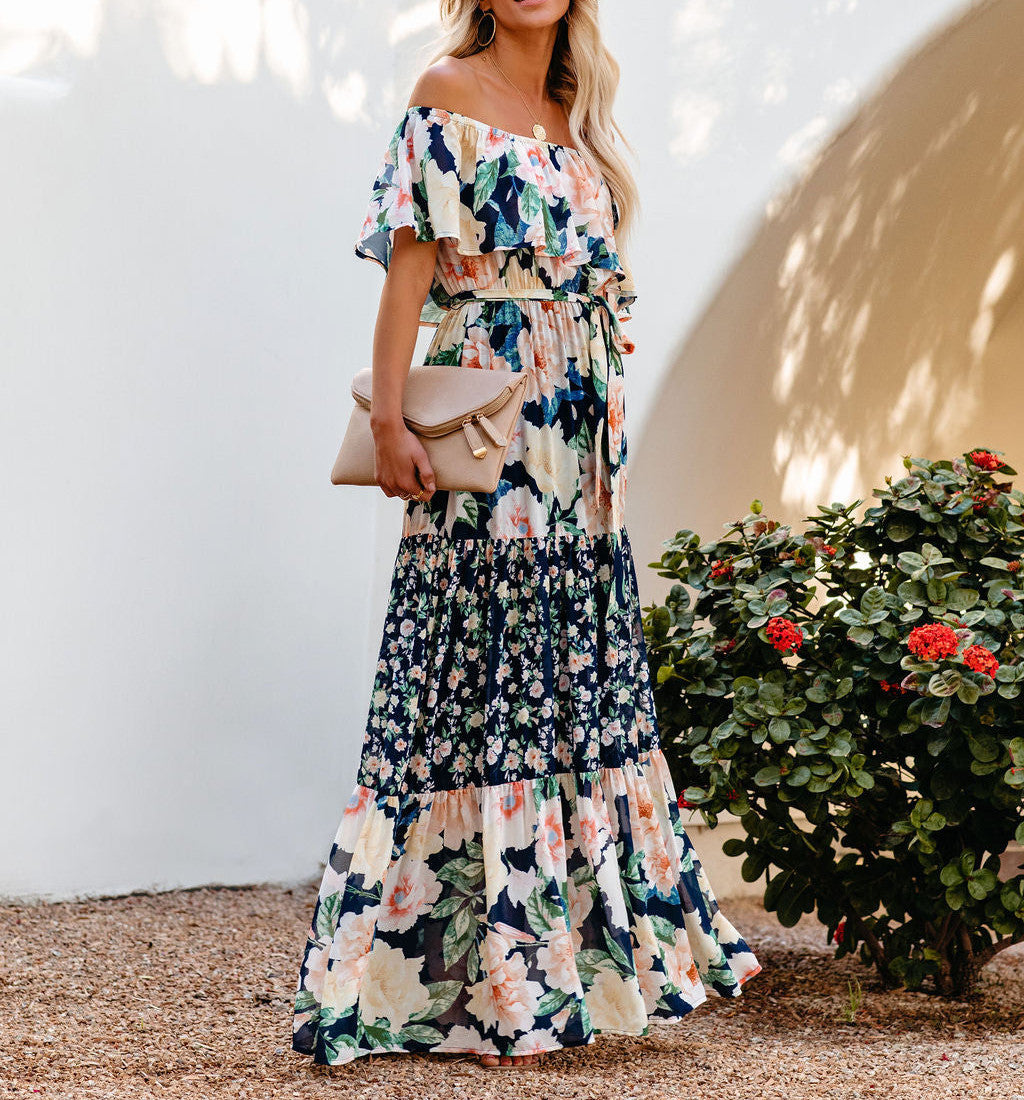 Summer Off-shoulder Printed Long Large Hem Dresses