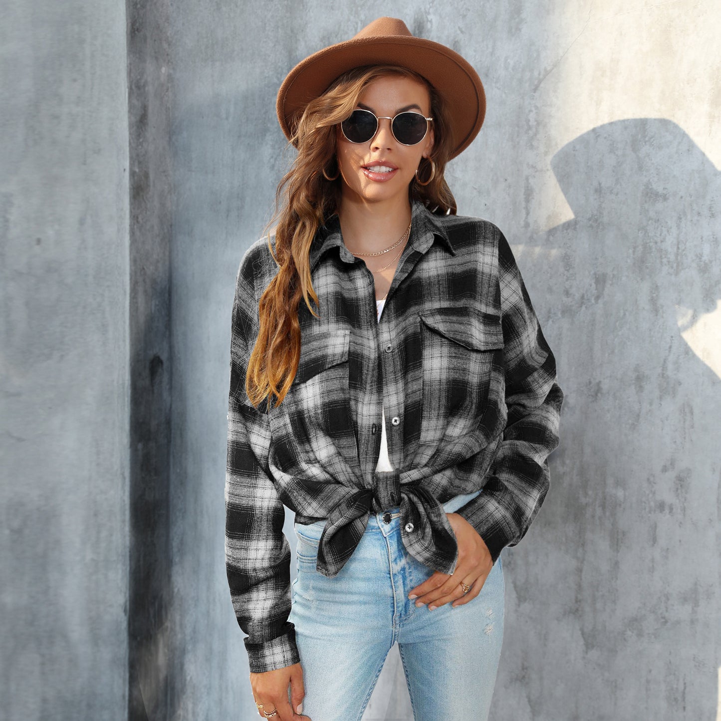 Women's Long-sleeved Plaid Button Shirt With Full Blouses