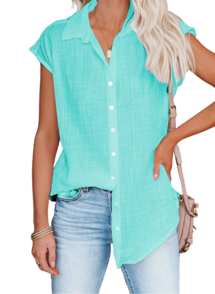 Summer Solid Color Single-breasted Lapel Shirt Blouses