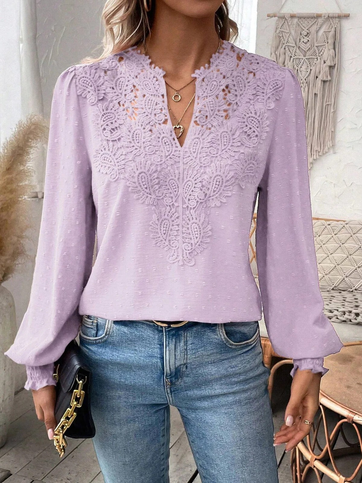 Women's Autumn Lace Stitching Solid Color Shirt Blouses