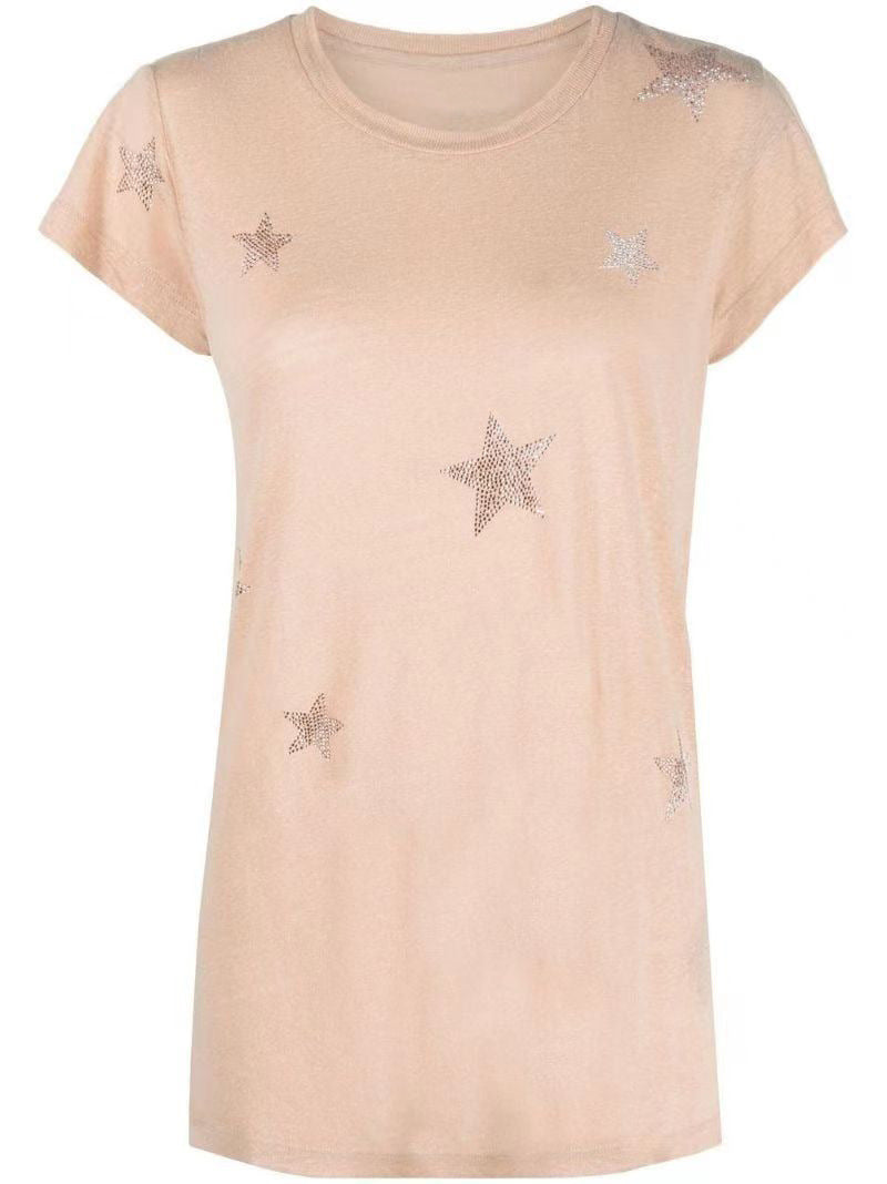 Women's French Niche Pattern Rhinestone Linen Round Neck Short-sleeved T-shirt Blouses