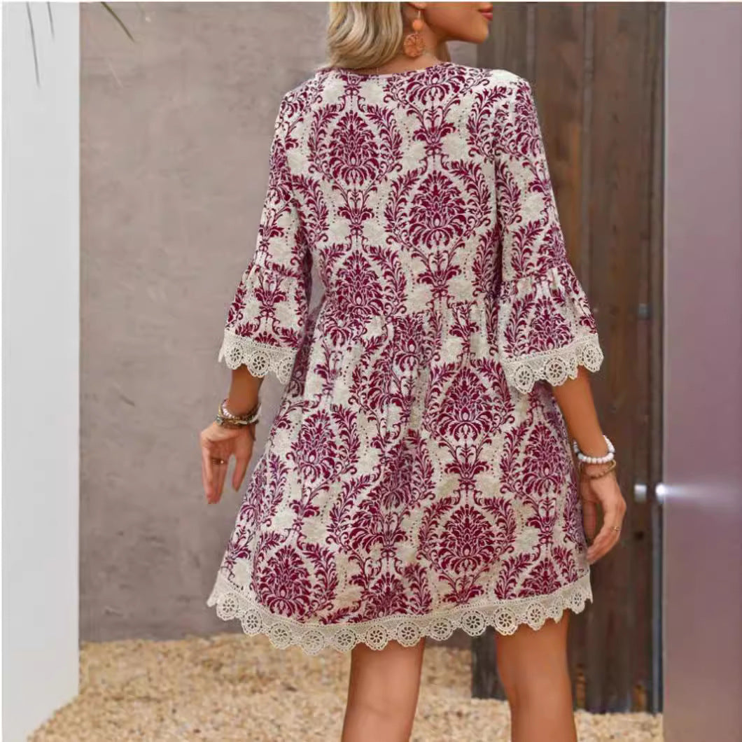 Popular Fashion Printed Lace Sleeve Dress Dresses