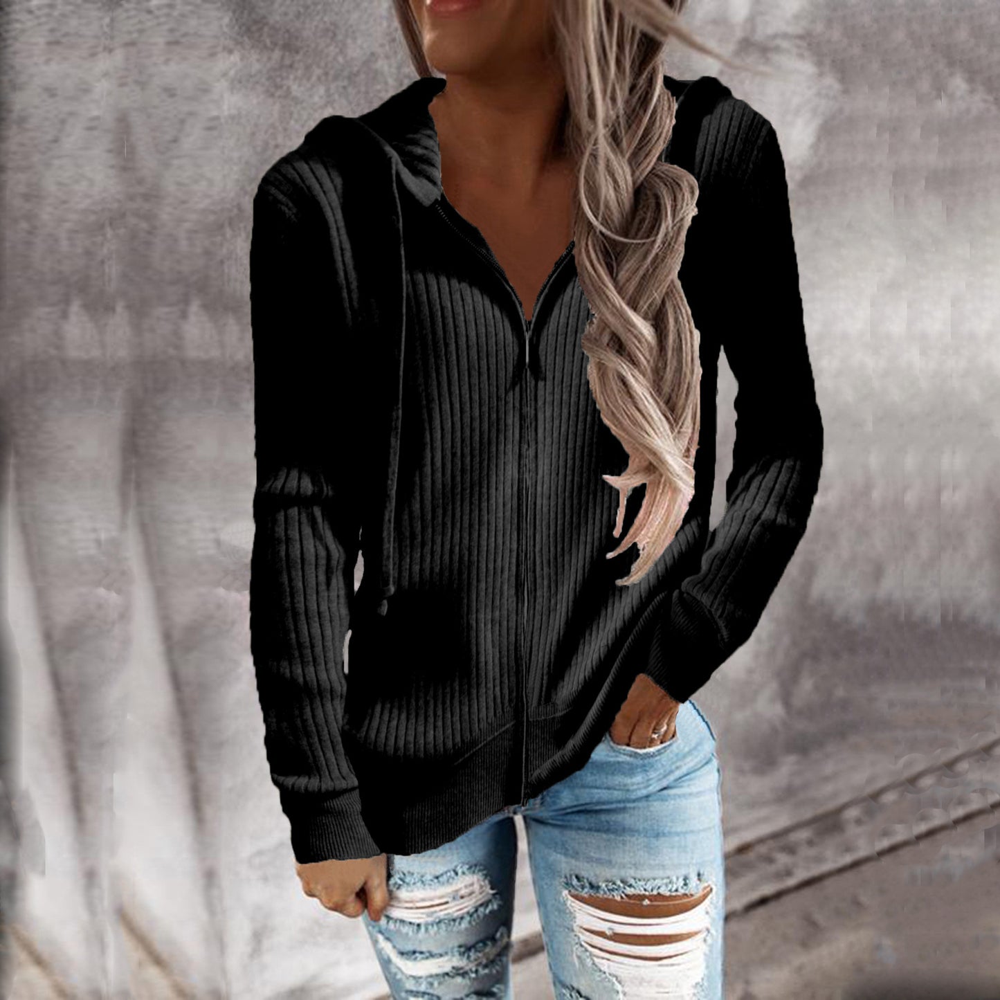 Women's Striped Casual Loose Zipper Long Sleeve Hooded Sweaters