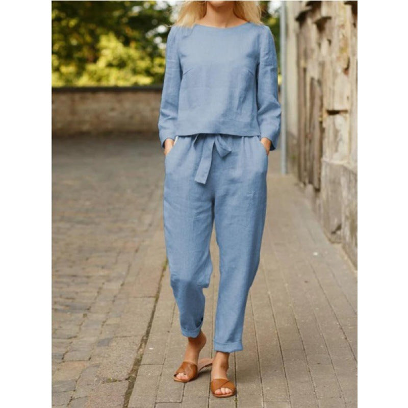 Women's Linen Fashion Solid Color Casual Two-piece Simple Suits