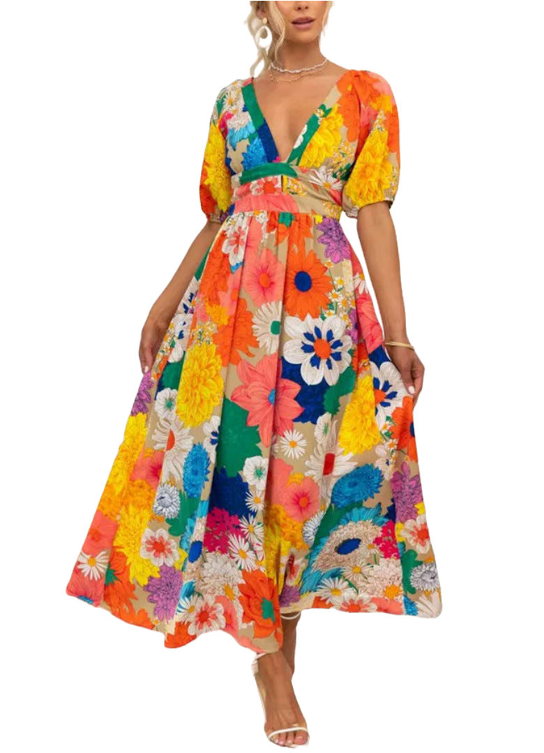 Women's Summer French Print Puff Sleeve Casual Dresses