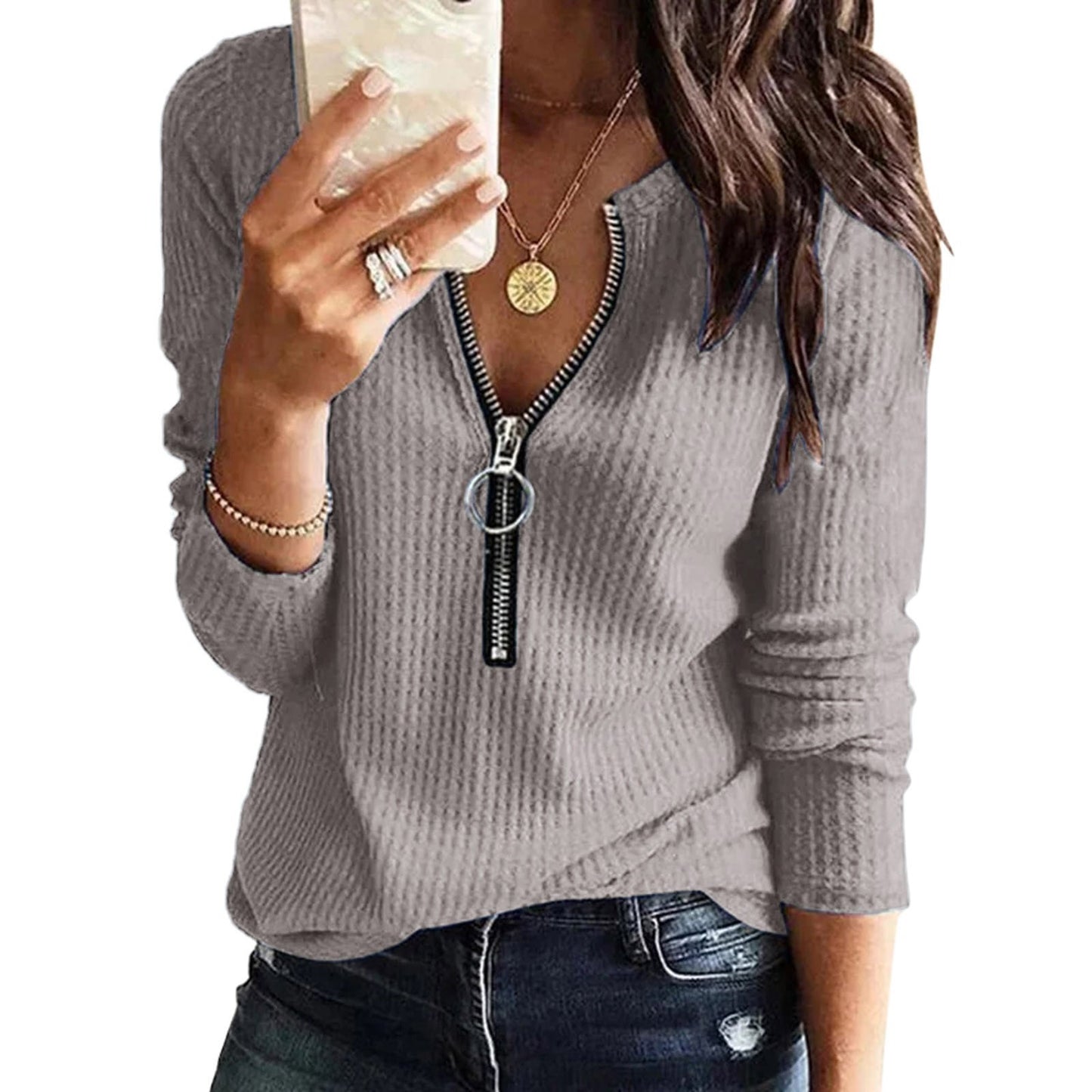 Women's Super Waffle Knitted Zipper Large T-shirt Blouses