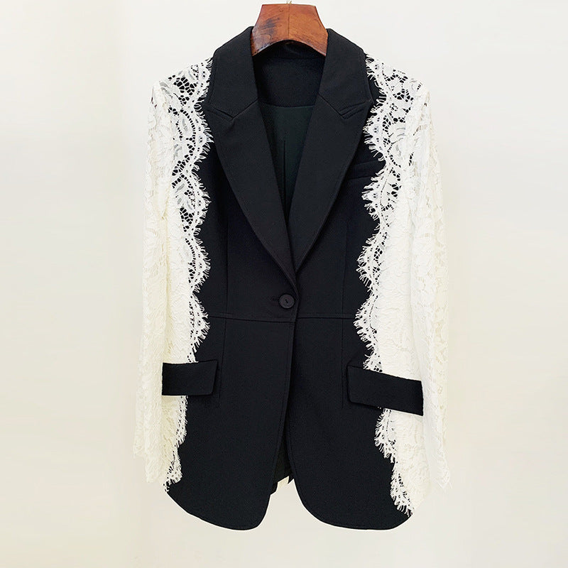 Fit One Button Contrast Color Lace Blazers