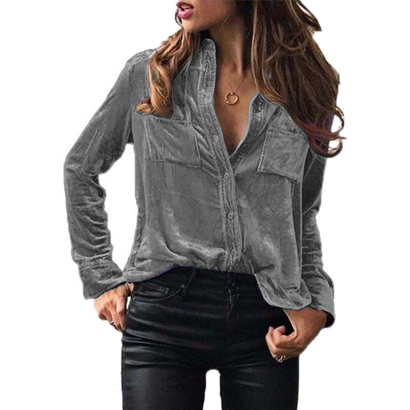 Women's Pocket Solid Color Temperament Long Sleeve Blouses