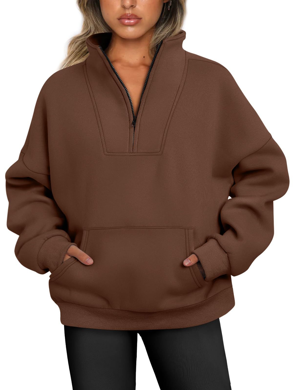 Women's Stand Collar Solid Color Hoodie Pocket Zipper Casual Tops