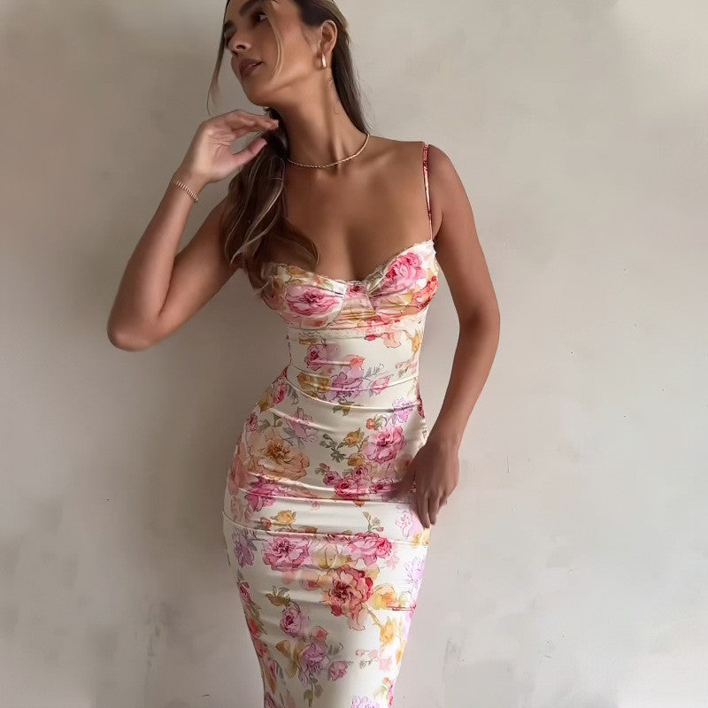 Women's Summer Fashion Printed Slim Fit Sexy Backless Dresses