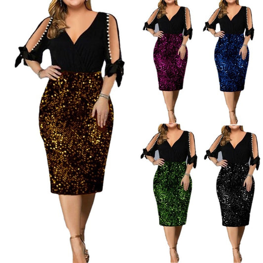 Women's V-neck Personalized Sequined Design Large Dress Dresses