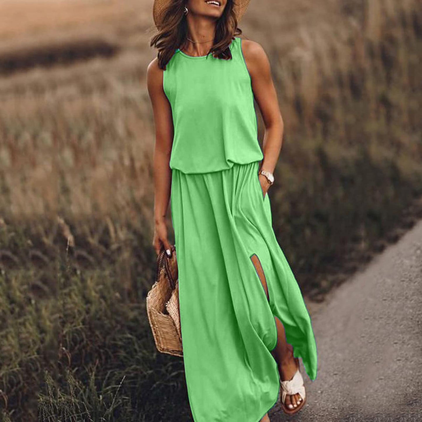 Women's Round Neck Sleeveless Dress Split Solid Dresses