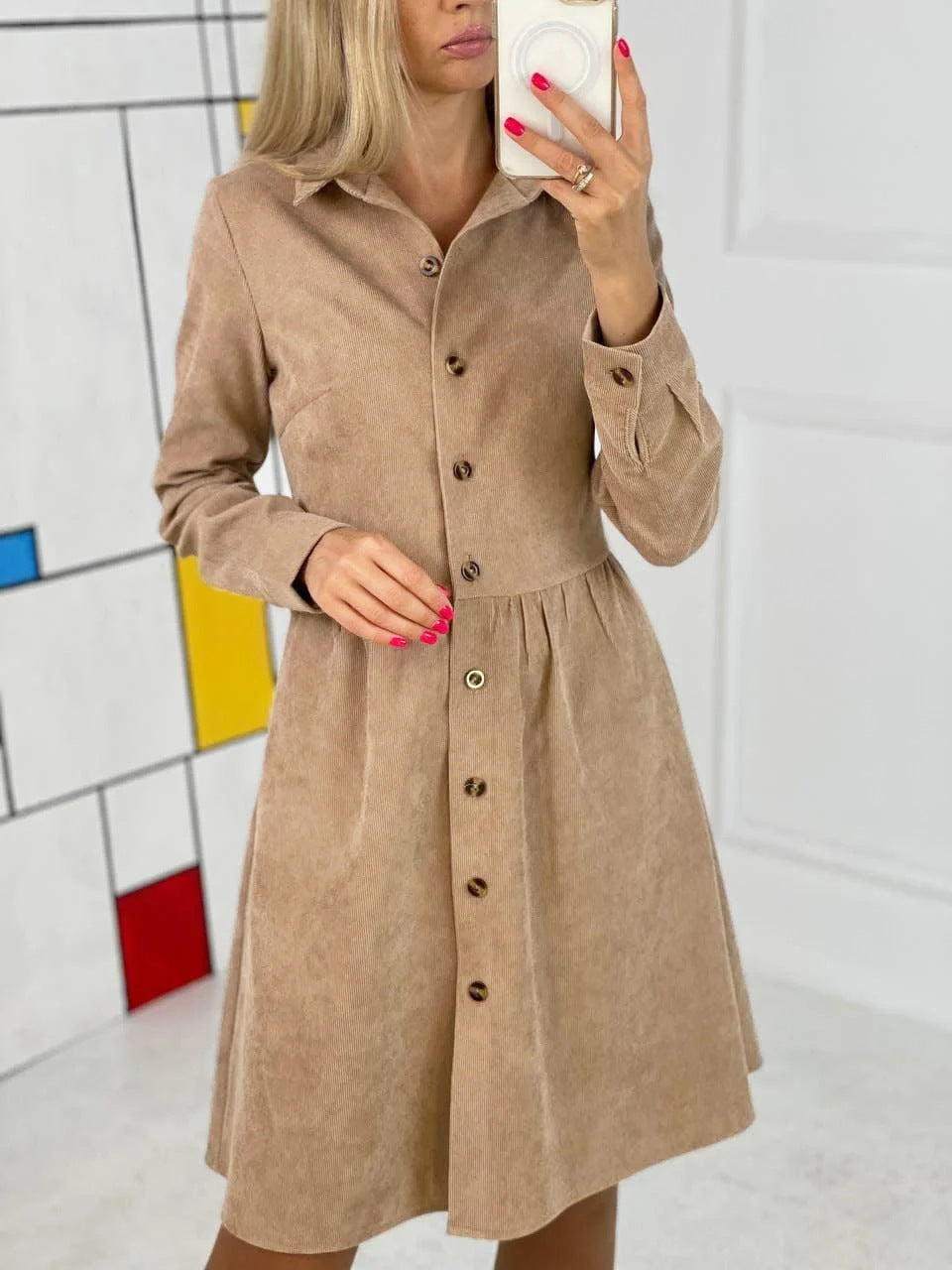 Long Sleeve Single-breasted Shirt Corduroy Dress Dresses