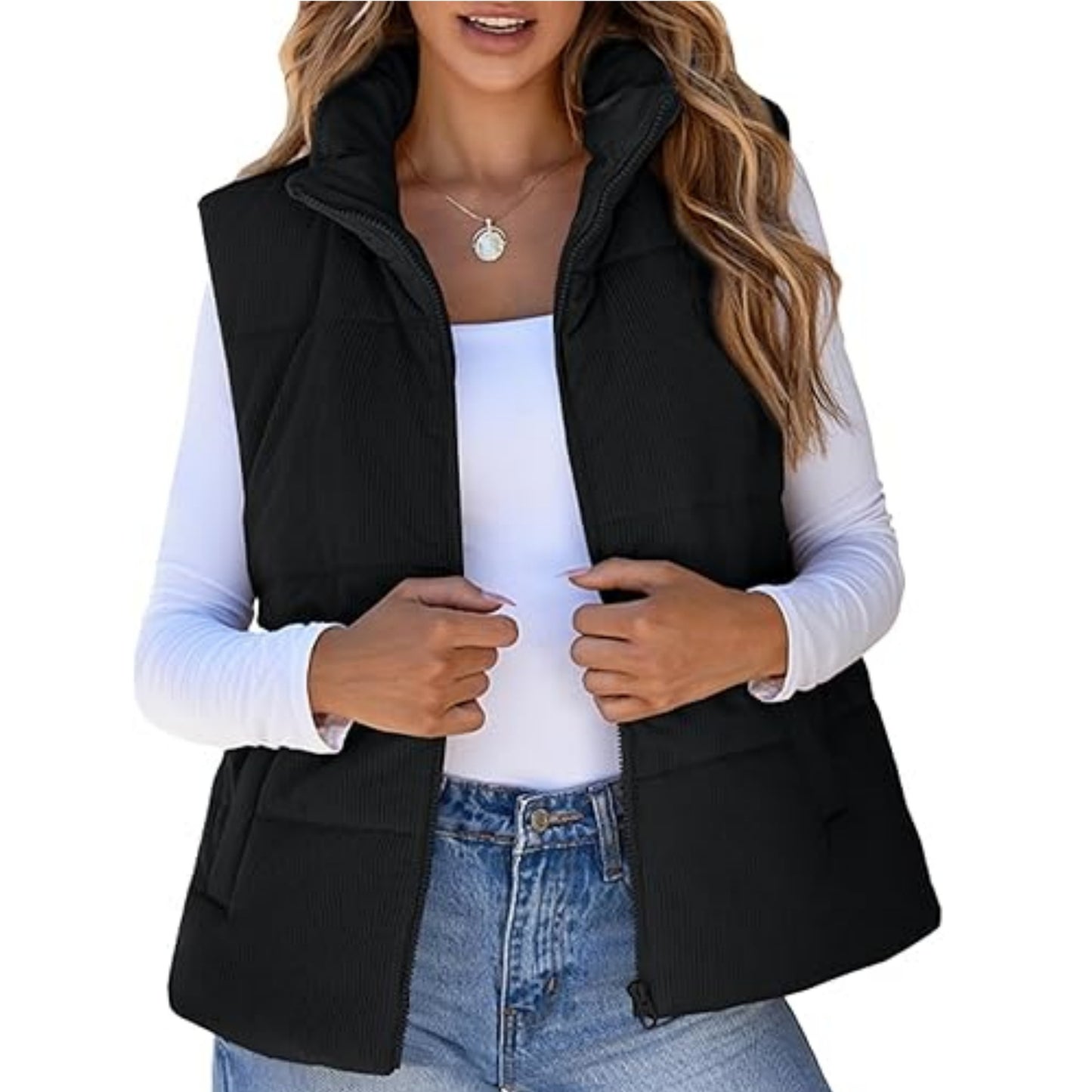 Women's Corduroy Fashion Casual Pocket Placket Zipper Vests