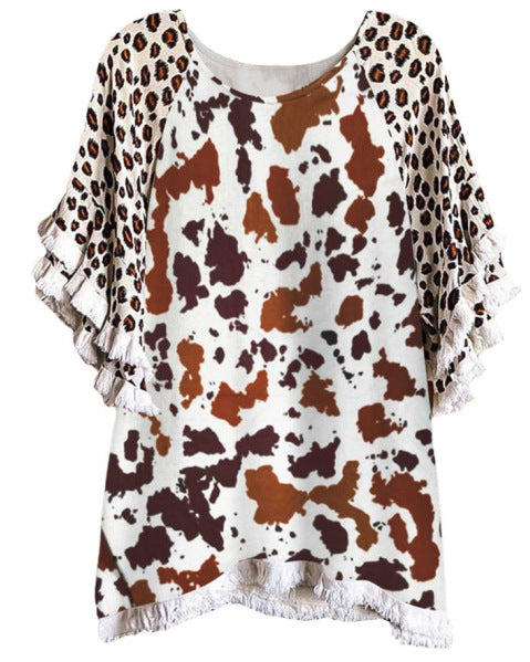 Women's Ruffle Sleeve Round Neck Multicolor Printing Blouses