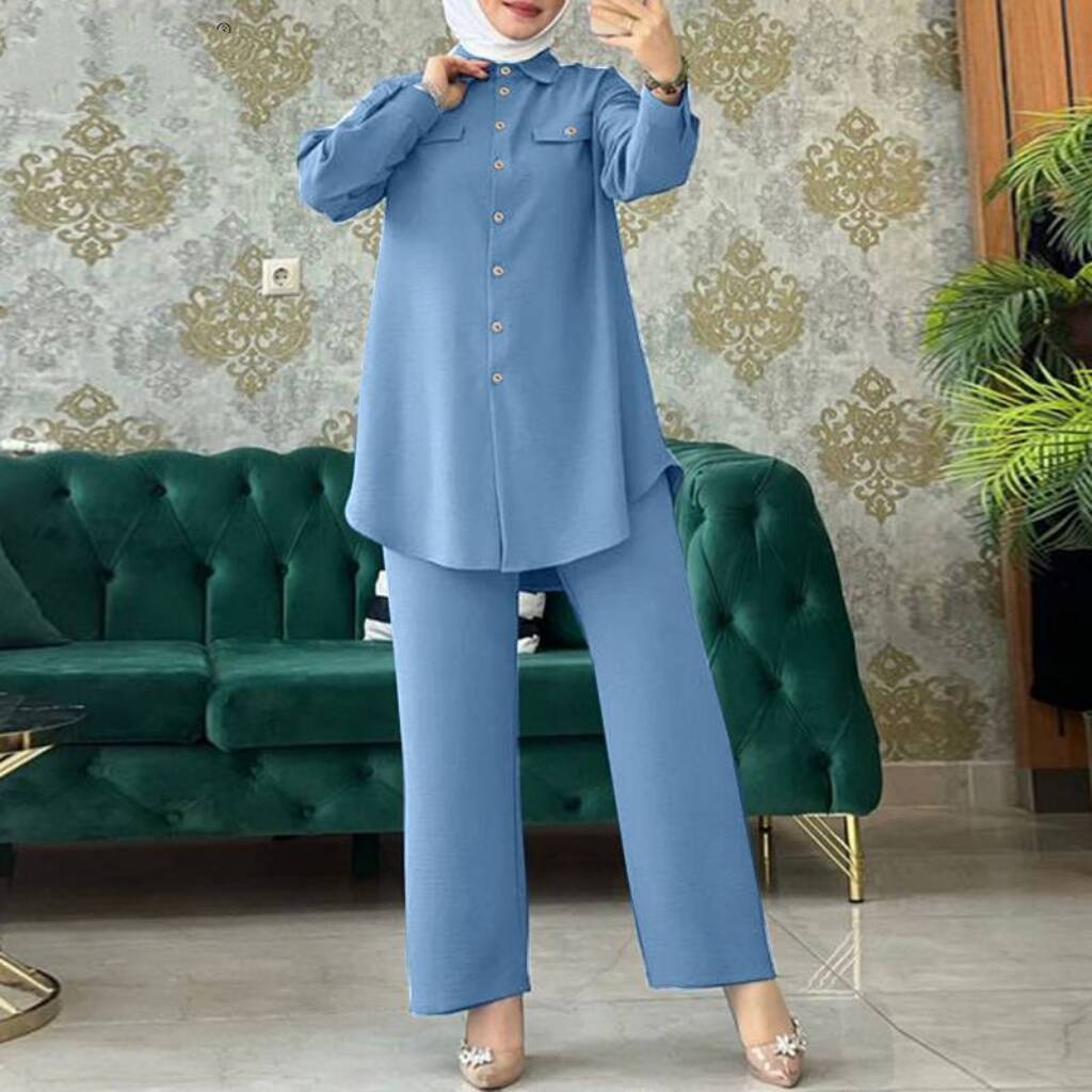 Muslim Solid Color Long Sleeve Wooden Buckle Clothing