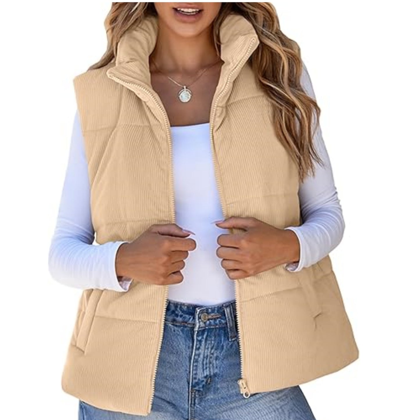 Women's Corduroy Fashion Casual Pocket Placket Zipper Vests