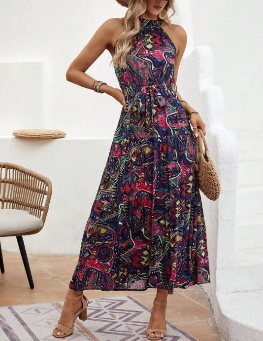 Women's Autumn Vintage Print Halter Bohemian Dress Clothing