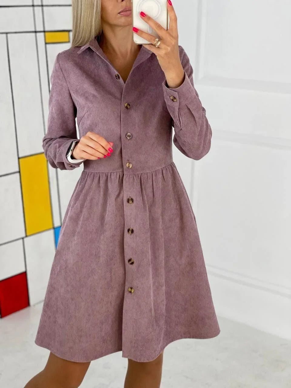 Long Sleeve Single-breasted Shirt Corduroy Dress Dresses