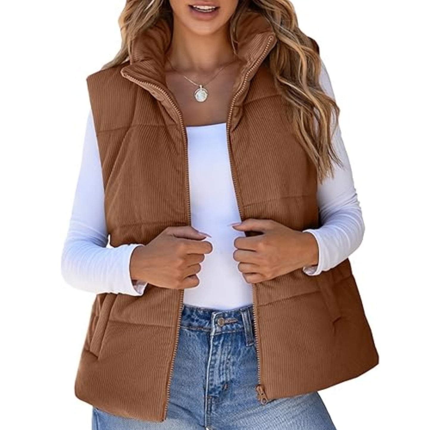 Women's Corduroy Fashion Casual Pocket Placket Zipper Vests