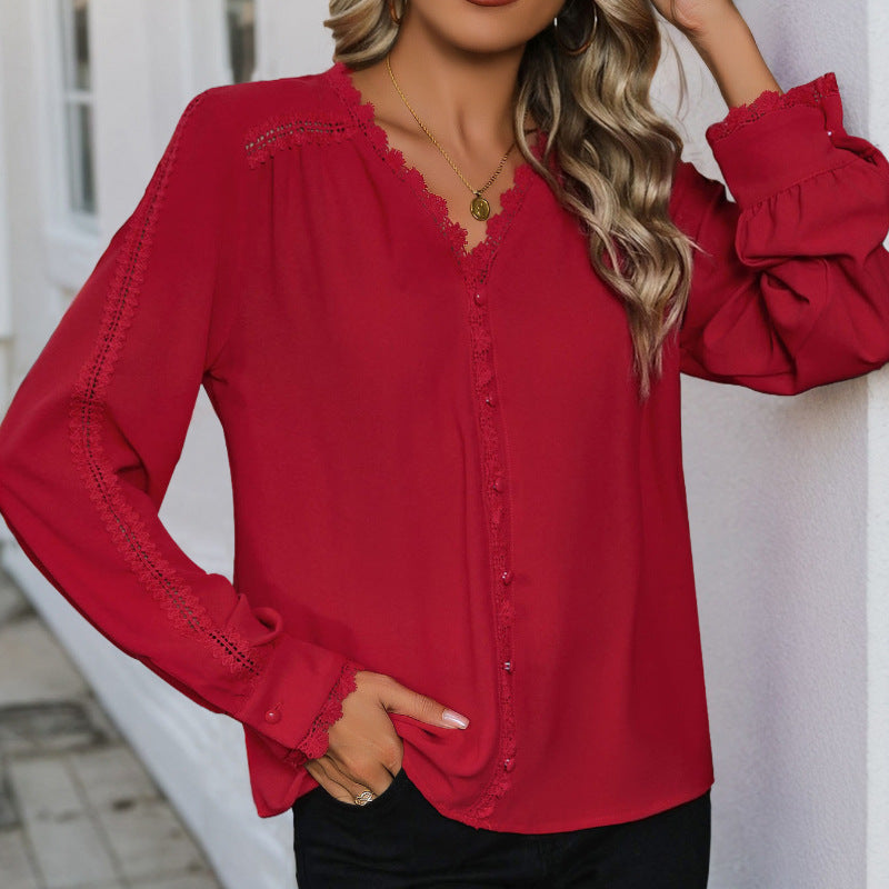 Women's Autumn Casual Long-sleeved Red Shirt For Blouses