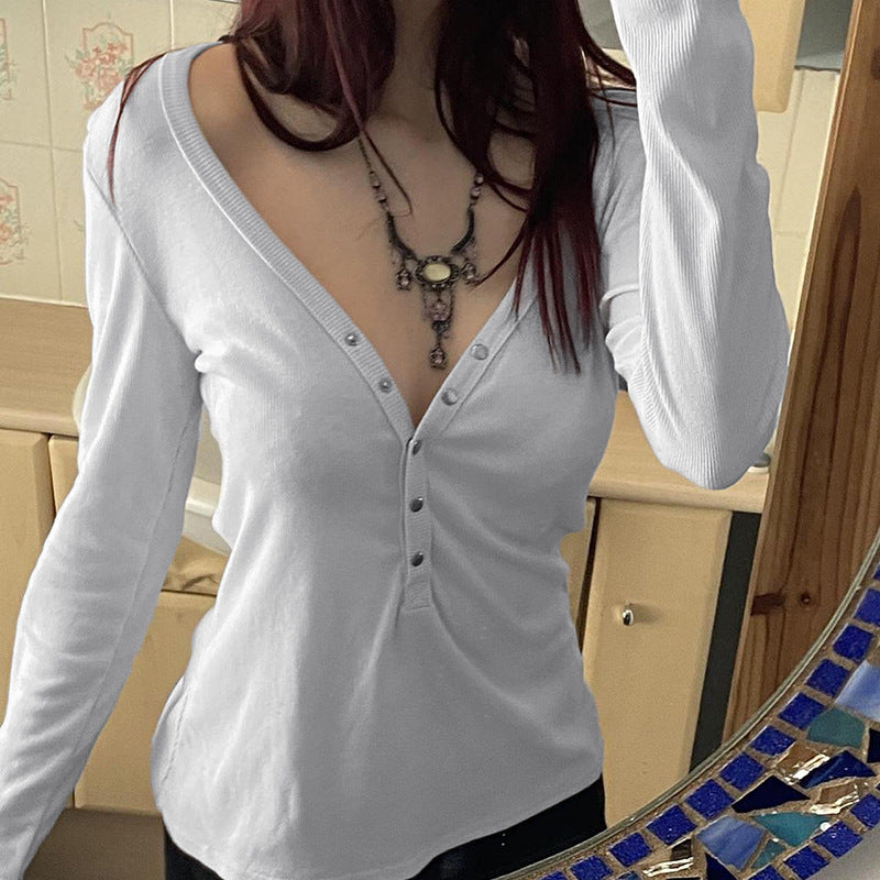 Women's Simple Pure Style Low-cut Breasted Lazy Casual Blouses