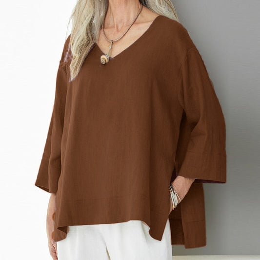 Loose Split Casual Solid Color Cotton Blouses