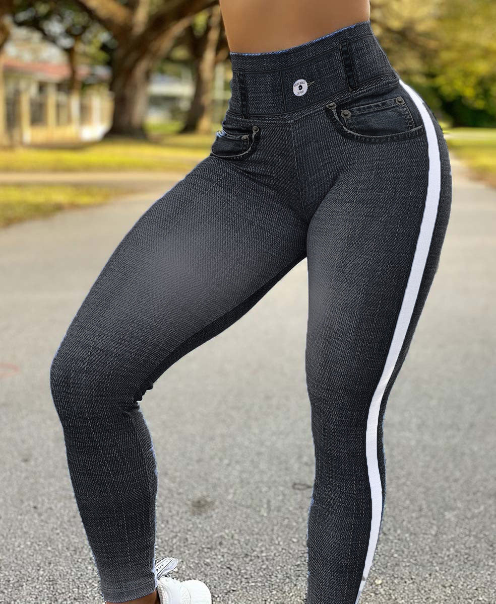 Women's High Waist Elastic Imitation Denim Fitness Leggings