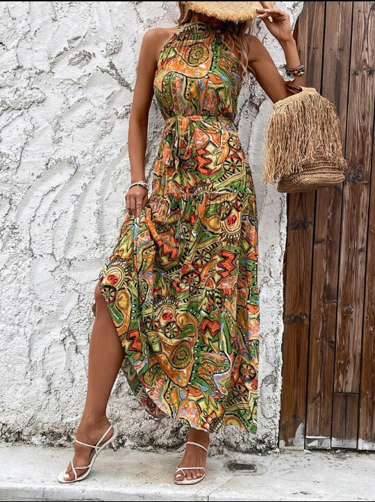 Women's Autumn Vintage Print Halter Bohemian Dress Clothing